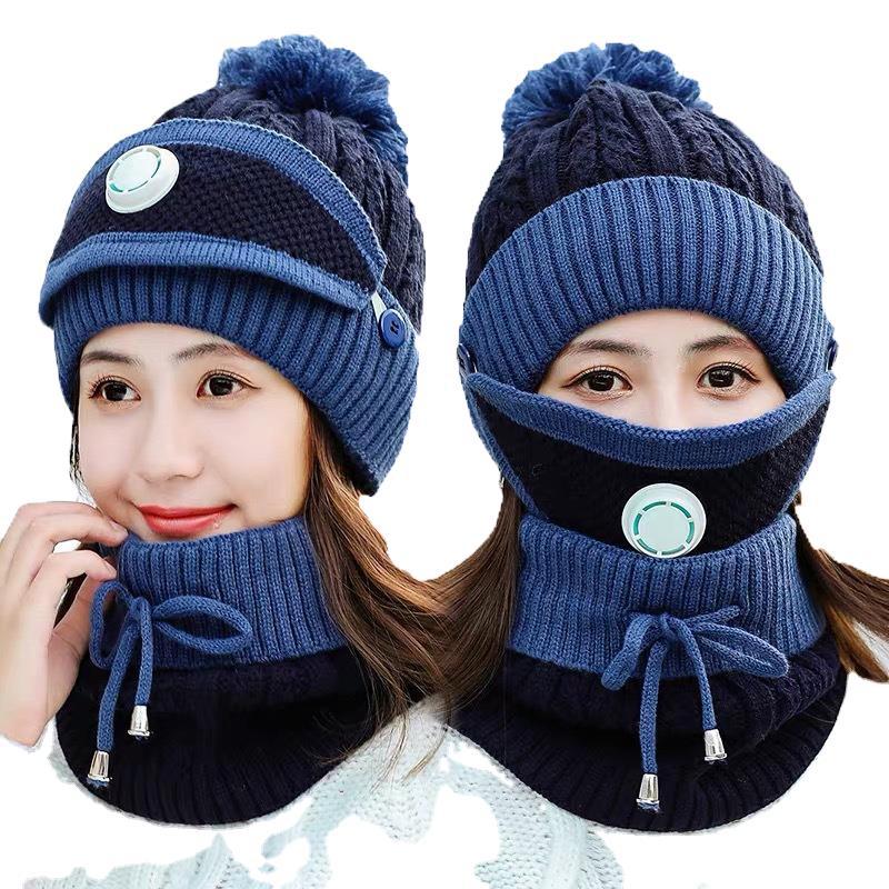 Hat, Scarf, Mask, Three Sets Of Imitation Smog New Fashion Knitted Woolen Hat For Women Winter Warm Hat Item Picture