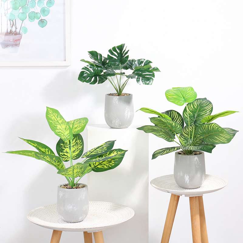 Creative home living room desktop green plant decoration with artificial cement pot, green vine leaves and turtle-back leaves Application Scenario