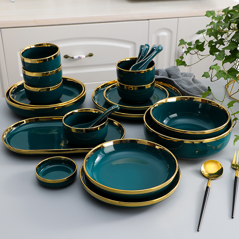 跨境陶瓷碗筷套装孔雀绿碟子餐盘陶瓷碗盘子金边餐具套装勺子批发