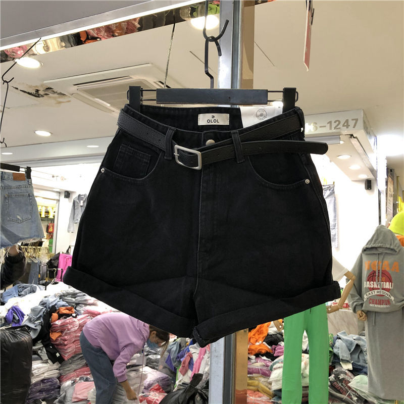 灰色牛仔时尚短裤夏季2022新款高腰阔腿宽松韩版显瘦外a字热裤白底实物图