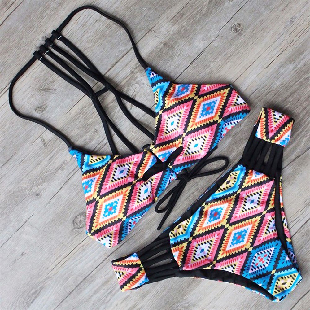Cross-Border For Fashion Printing Retro Style Europe And The United States Aliexpress Explosive Sales Of Low-Waist String Strap Bikini Specification drawing
