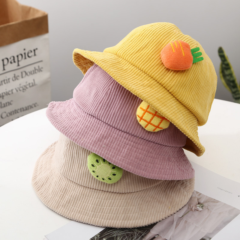 Children's fisherman hats, corduroy basin hats for boys and girls in autumn and winter, warm children's sun hats, cartoon cute spring and autumn hats details Picture