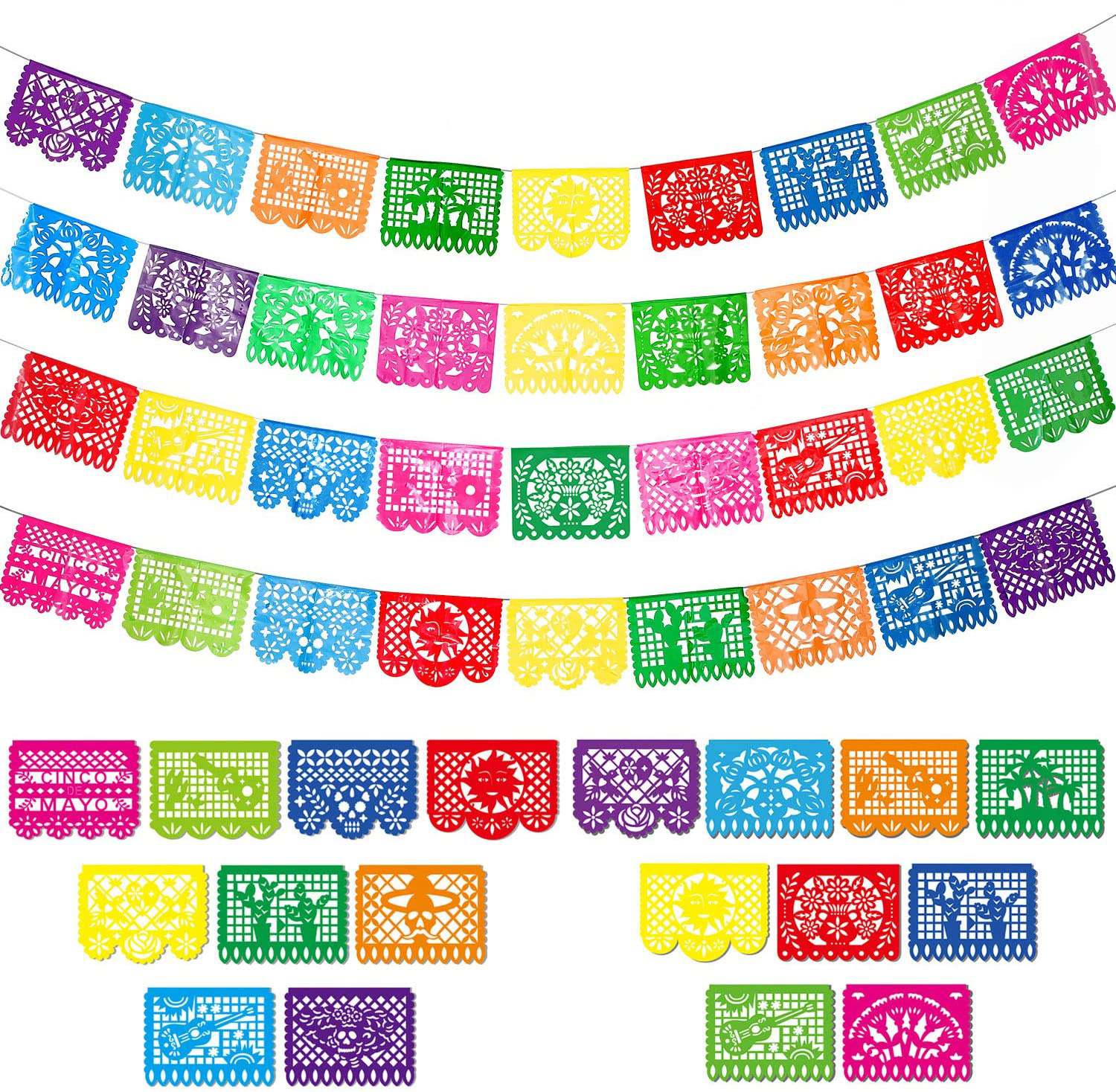 墨西哥派对方形剪纸塑料拉花  亡灵节塑料拉旗 狂欢派对塑料彩旗