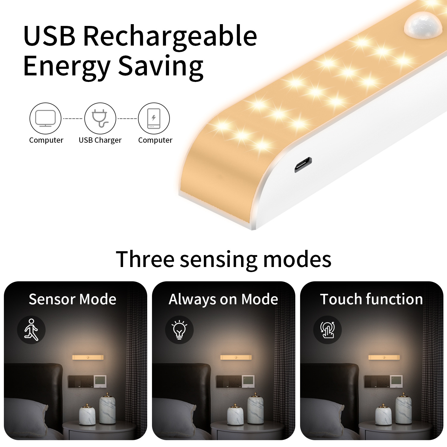 Three-row warm light wardrobe lamp, 30-LED cabinet lamp, human infrared sensor lamp, USB lithium battery rechargeable night light Application Scenario