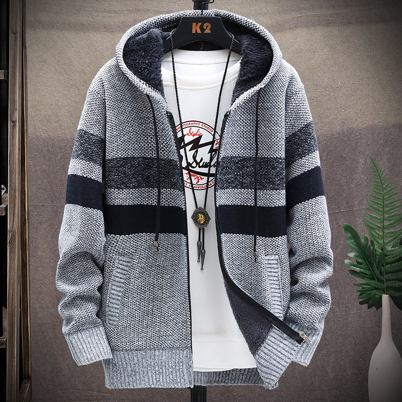 Cross-border autumn and winter men's thickened and fleece sweater, loose and trendy men's knitted sweater, long-sleeved woolen coat, cardigan Specification image