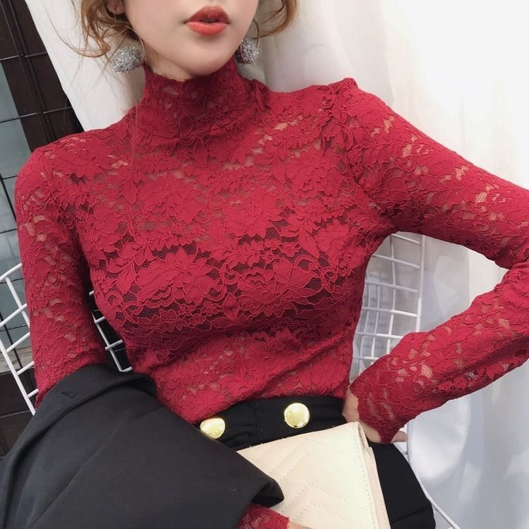 Autumn and winter new semi-high-neck slimming lace shirt, long-sleeved T-shirt for women, Korean-style, tight and stylish, with a cut-out base layer Item Picture