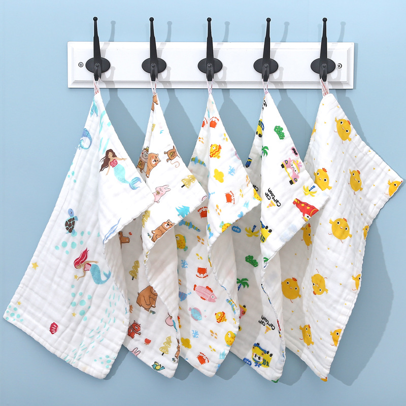 High-Density Six-Layer Pure Cotton Small Towel 6-Layer Gauze Children's Face Towel Washing Cotton Children's Towel Printed Water Mouth Towel Wholesale details Picture