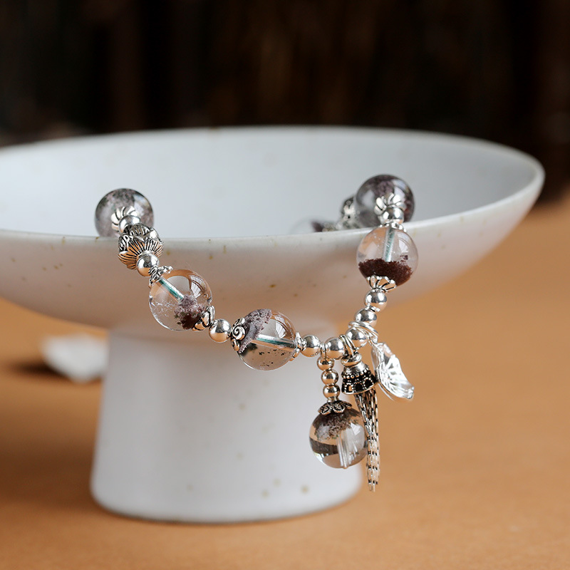 S925 sterling silver Green Ghost Treasure Basin Crystal Bracelet, women's wealth and Good luck, tassel lotus leaf ethnic style design bracelet Specification image