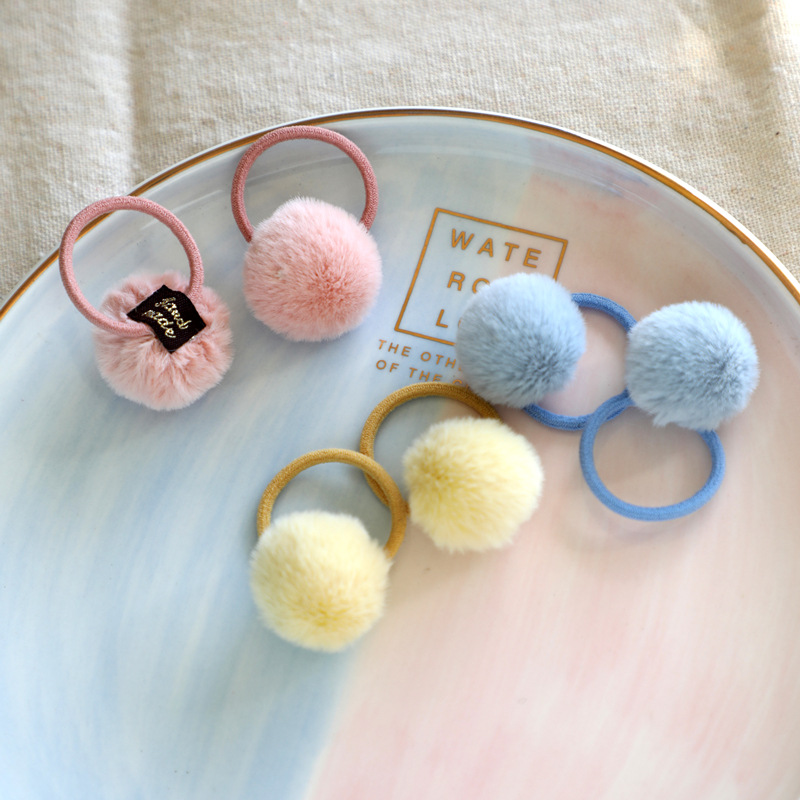 Korean Version Of Children's Hair Accessories Autumn Winter Hairball Ball Scrunchie Baby Small Leather Band Set Mink Ball Hair Cord Cute Candy Color Specification drawing