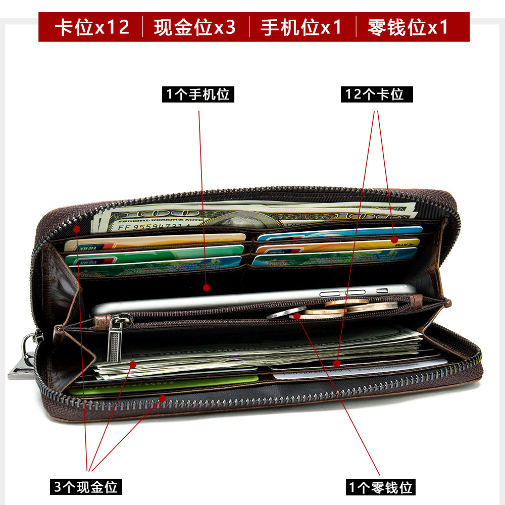 Amazon Men's Long Wallet Leather Alligator Print Business Multi-Card Holding Baotou Layer Cowhide Wallet Men details Picture