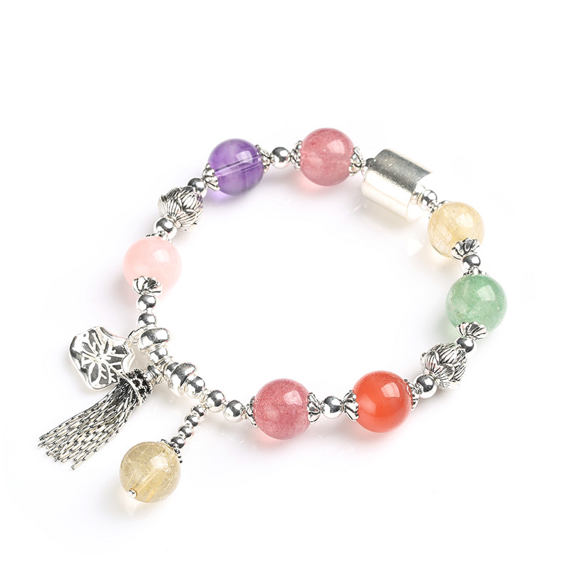"Good Fortune and Love for the Peach Blossom 925 Pure Silver Natural multi-treasure Crystal Golden Hair Crystal Strawberry Crystal Pink Crystal Bracelet Accessory Gift. Item Picture