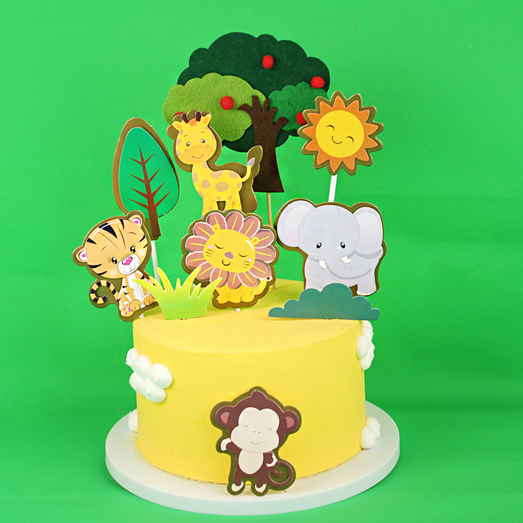 版权烘焙蛋糕装饰双层动物蛋糕插牌长颈鹿狮子大象甜品台生日插件图