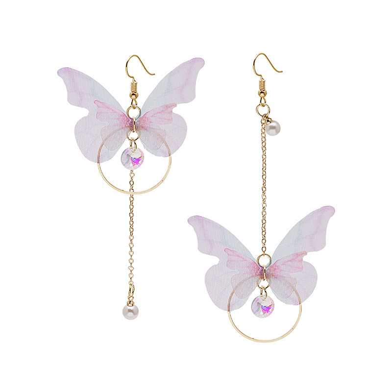 Korean Asymmetrical Butterfly Circle Pearl Niche Earrings Temperament Long Short Fringed Zircon All-Matching Earrings Item Picture