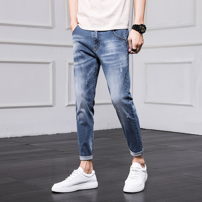 2022 Autumn new men's jeans, slim-fit skinny pants, trendy Korean style 9-inch pants, casual pants details Picture