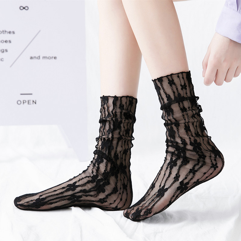 Tulle socks for women, European and American court style retro women's socks, Japanese lace small flower long socks, spring and summer thin openwork net socks Specification image