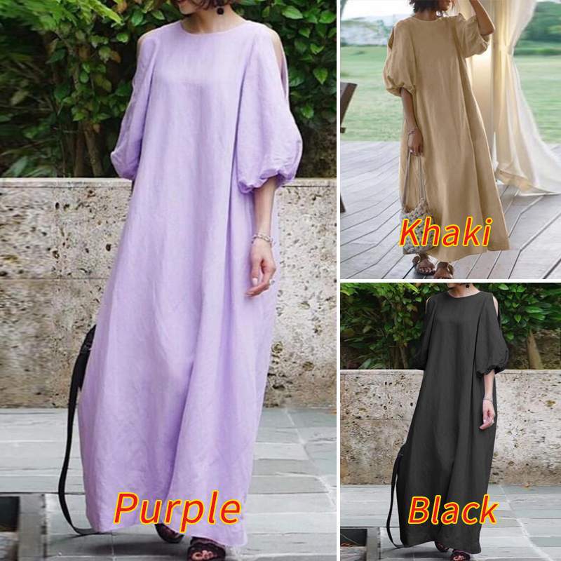 2020 Summer new dress: Women's puffy and elegant mid-sleeved casual dress, off-the-shoulder solid color party dress, cotton and linen dress