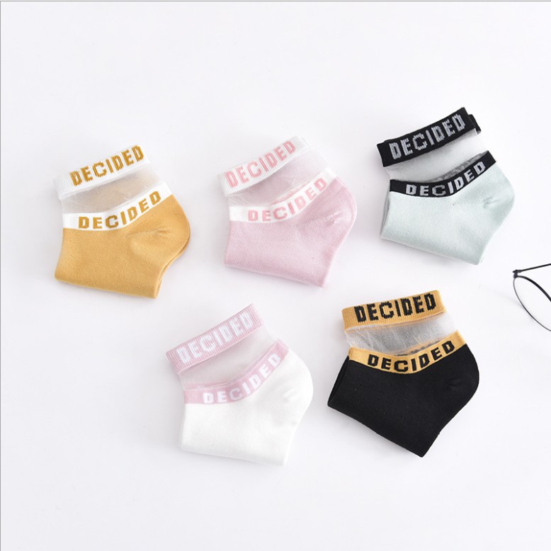 Spring and summer thin Japanese-style short socks for women, glass fiber transparent cut-out women's socks, color-blocking letter card silk socks wholesale