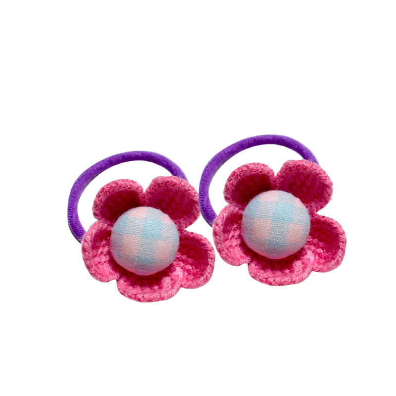 Korean Girl Small Fresh Flower Children Crochet Wool Fabric Check Button Five Flower Rubber Band Small Scrunchie Item Picture