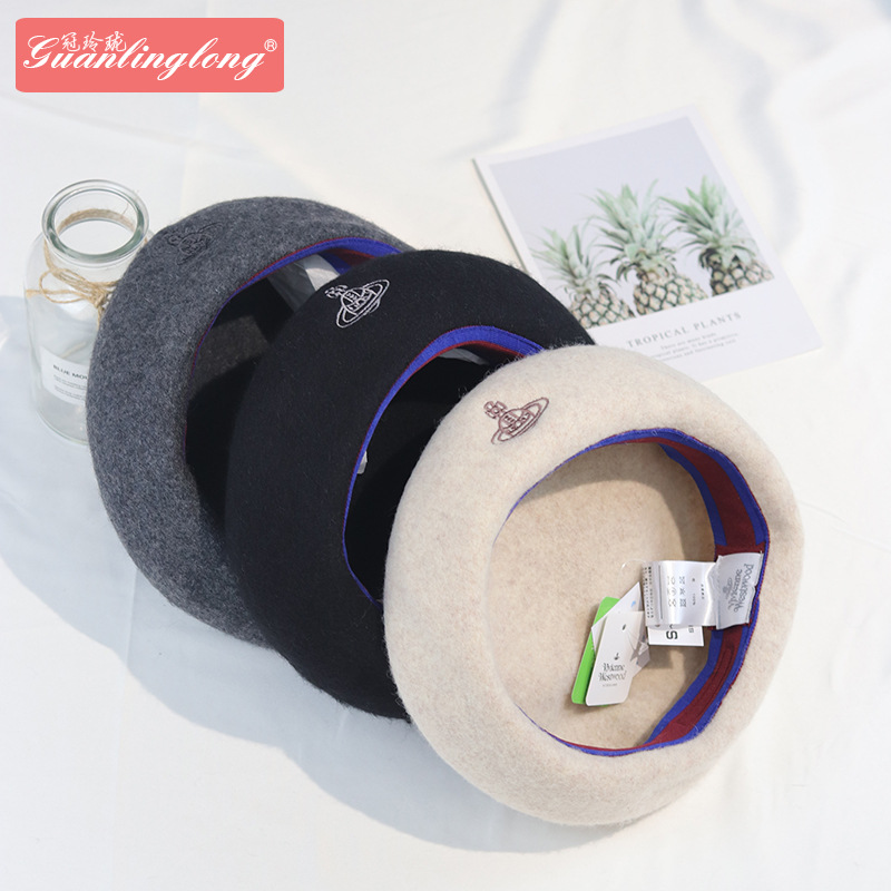 Classic Saturn Embroidery solid color everything retro warm pure wool beret lady full figure