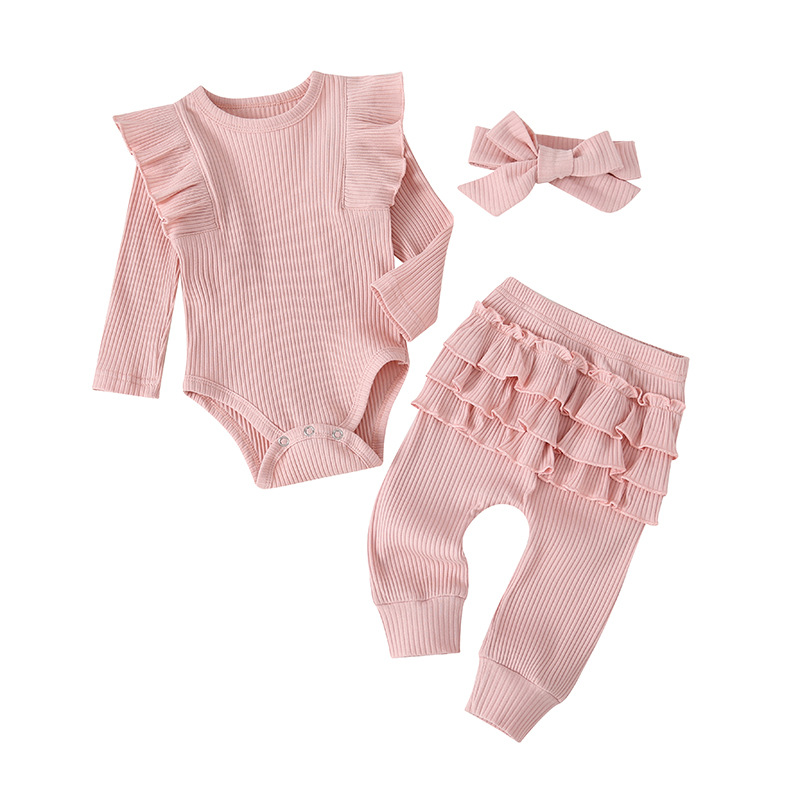 Wholesale of three-piece casual pink long-sleeved lace sleeved dress for girls in autumn 2022 with bow headwear Item Picture