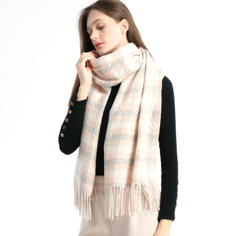 Shawl Wool Scarf Female Autumn And Winter Europe And The United States Cross-Border Fringe Thousand Bird Lattice Scarf Winter Warm Scarf Wholesale Item Picture