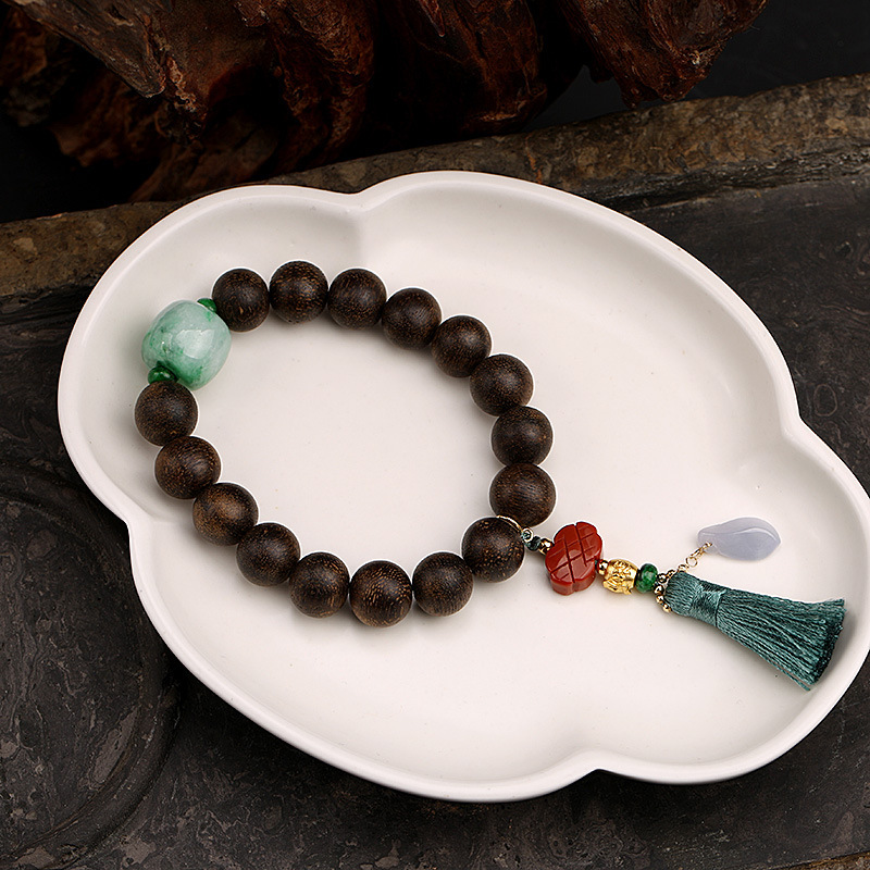 18K pure gold handcrafted pure gold 999 money bag, natural Dala Gan agarwood bracelet, DIY Chinese knot, small drip stream details Picture