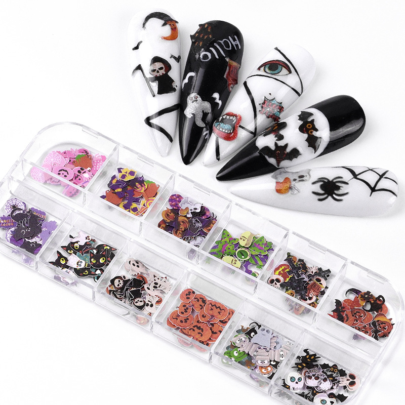 Nail polish wood pulp pieces Christmas colorful flower butterfly set Halloween nail accessories 12-compartment mixed set cross-border shanilak details Picture