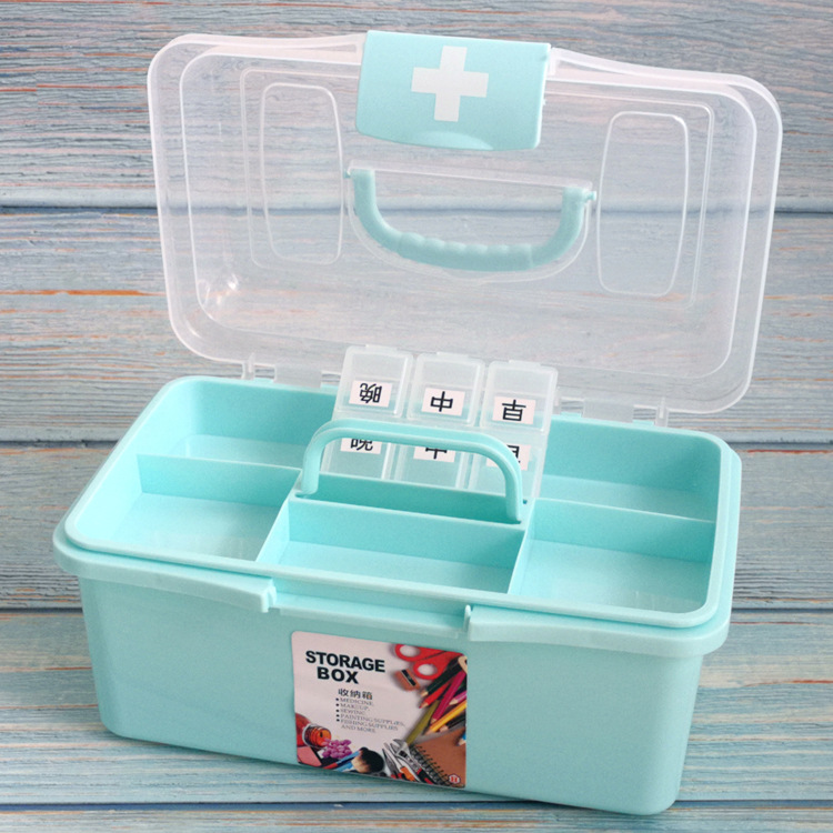 Factory direct sales double-layer medicine box, southern plastic hand-held storage medicine box with six-compartment medicine box, household double-layer medicine box Specification image
