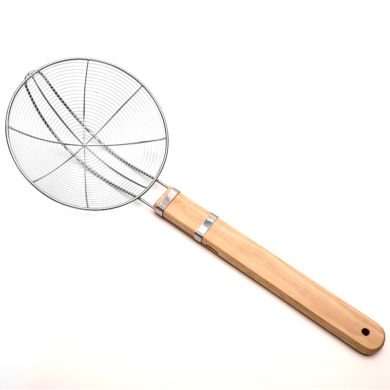 Qianyu Large Wooden Handle Stainless Steel Line Slotted Spoon Household Hot Pot Scoop Line Oil Leakage Dumplings Strainer Double Wire Skimmer Kitchen Item Picture
