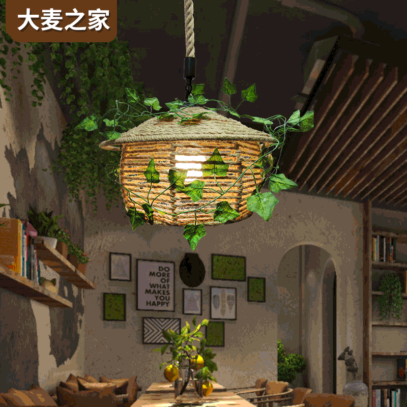 厂家源头LED植物灯 美式复古咖啡厅餐厅麻绳植物灯 创意个性吊灯图
