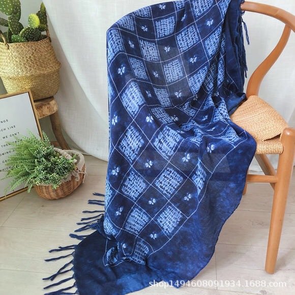 Women's Long Scarf New Tie-Dye Navy Blue Gauze Scarf Gradient National Style Cape Vintage Print Dazzling Color Scarf details Picture