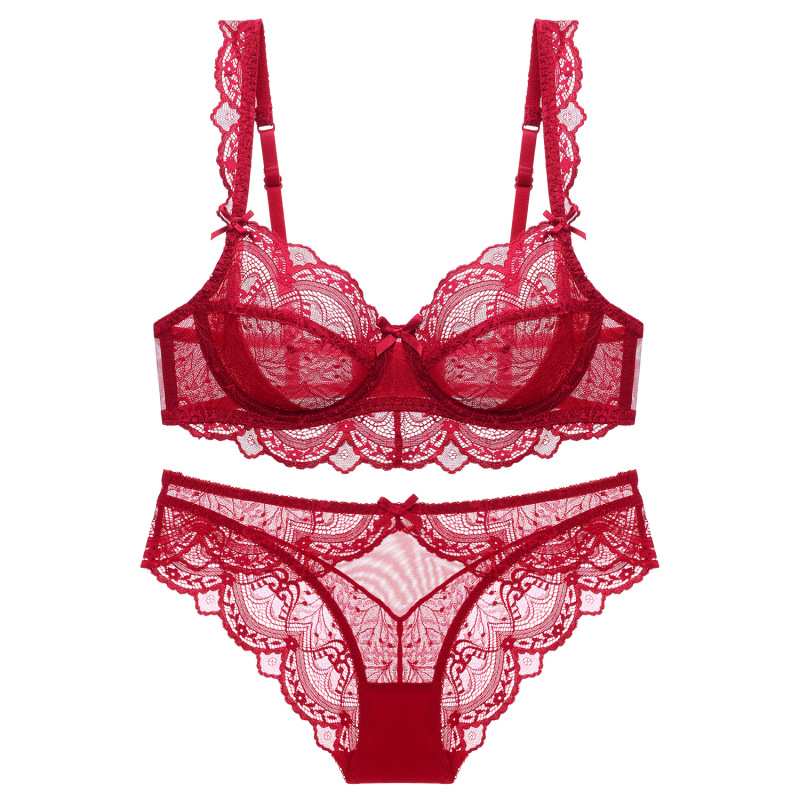 Factory direct sales of new ultra-thin hollowed-out women's underwear, large bust, small lace sexy bra set bra