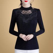New Fall/winter slim mesh base blouse Women's long sleeve T-shirt with velvet lace top