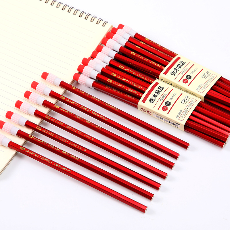 大橡皮头写字铅笔 书写易擦拭木质笔杆HB铅笔 易削红色铅笔套装