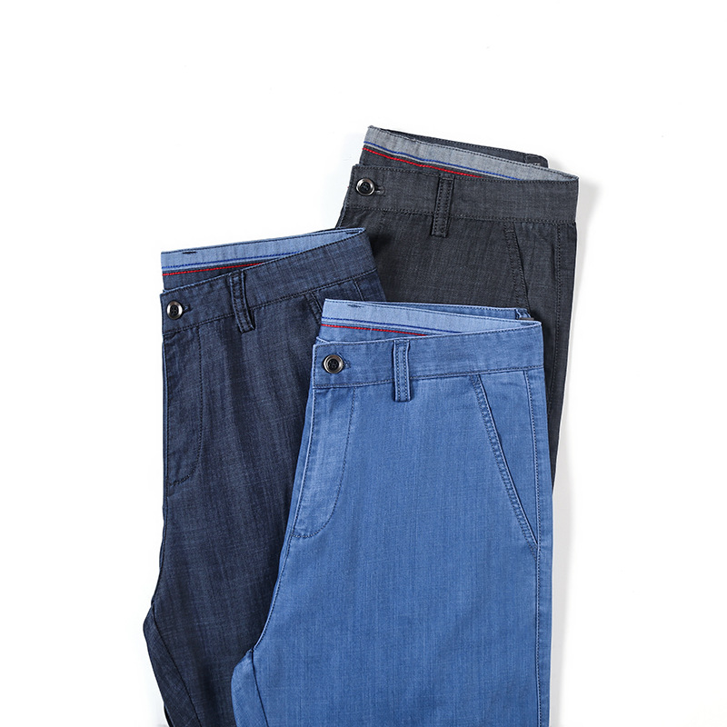 Summer thin jeans, men's Modal business thin dad mid-waist stretch straight loose casual ice silk pants Item Picture