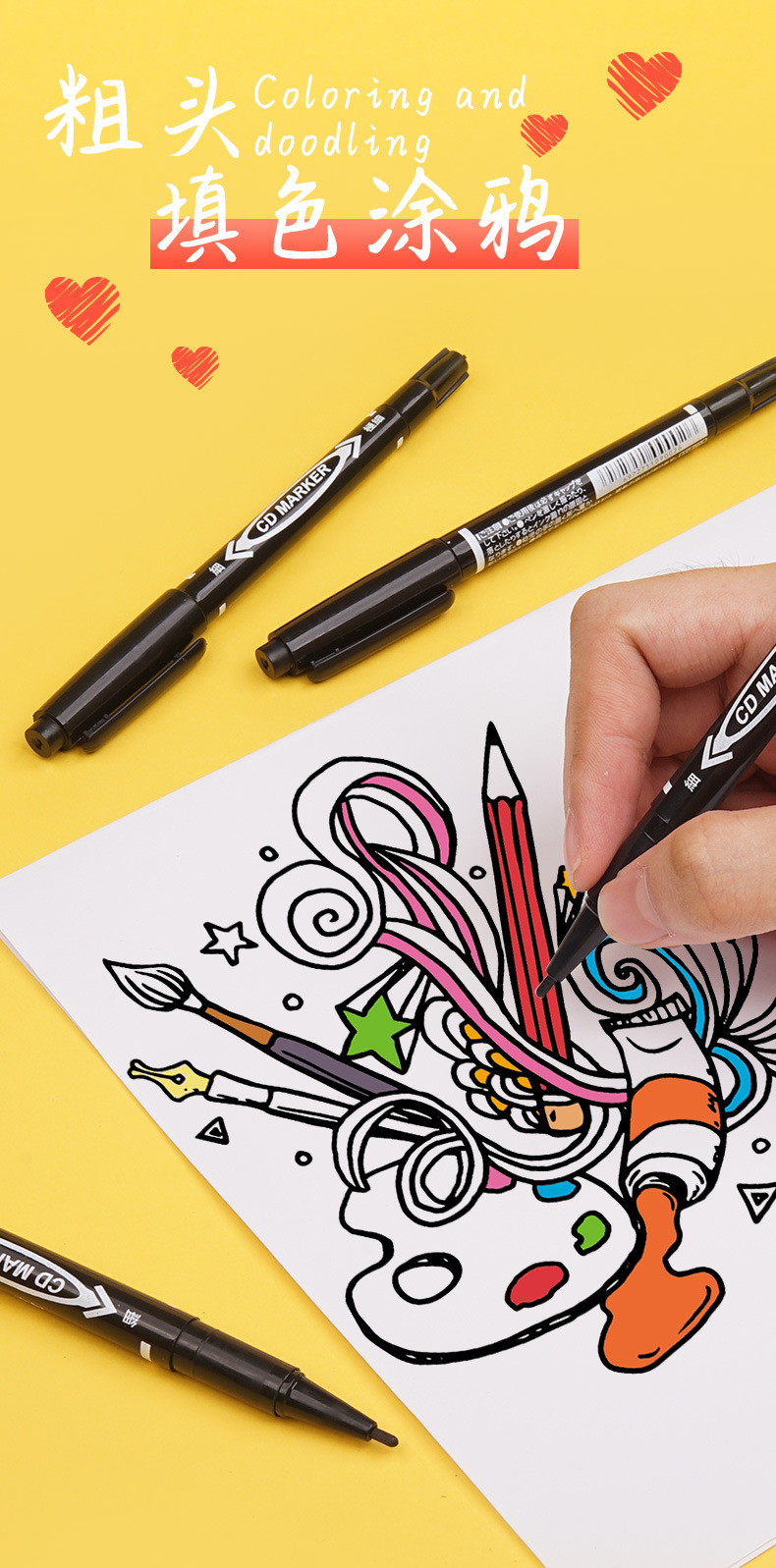 100 black oil-based small double-headed drawing and outlining pens for children and students, specially designed for art details Picture