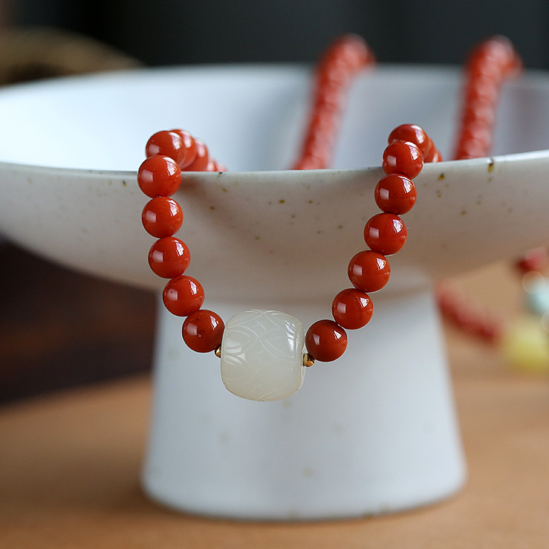 18K gold Sichuan Liangshan material Nan red agate three-circle beautiful matching carved peace buckle drip round bead bracelet, 6mm women's style Specification image