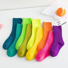 双针儿童袜子2022秋新款糖果色纯色男童女童中筒童袜 宝宝彩虹袜