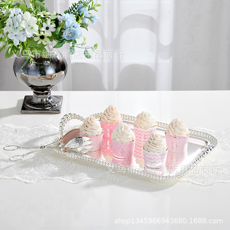 European Metal Plated Silver Bead Point Square Tray Fruit Tray Cake Tray Baking Party Ktv Wedding Supplies Item Picture