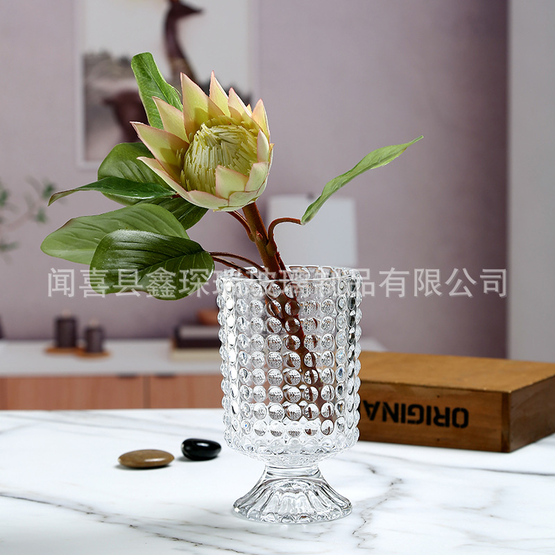 Nordic Simple Relief Tall Glass Vase Transparent Living Room Flower Arrangement Hotel Wedding Candlestick Wind Lamp Ins Decoration Application Scenario