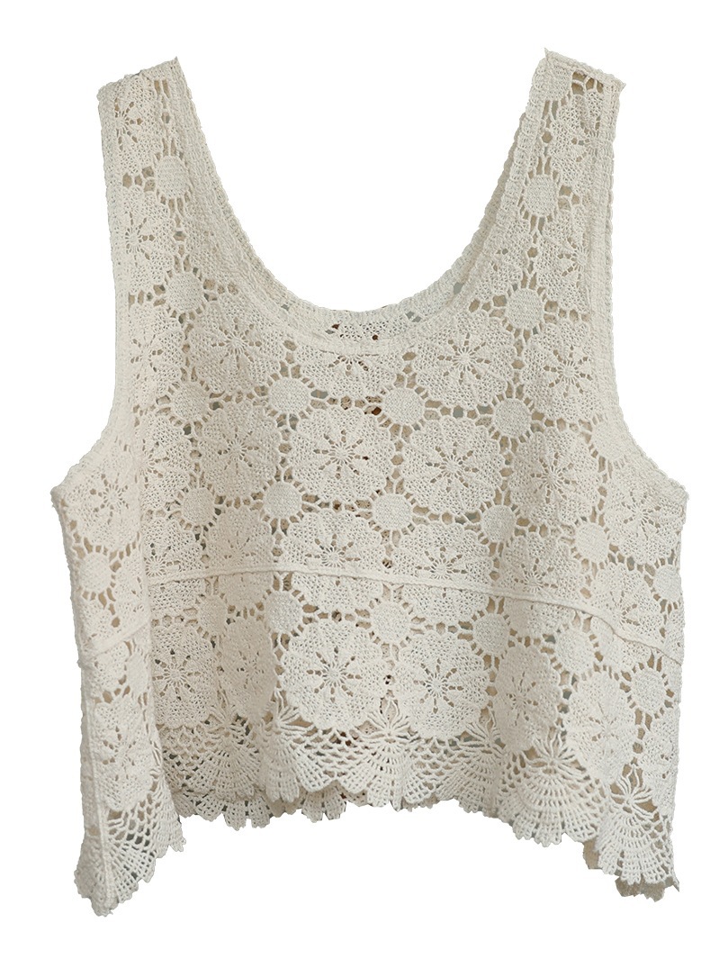Jian Meng You You Cotton thread hook pattern hollowed-out mini vest, Spring and Autumn New retro Artistic loose sleeveless mini vest top Item Picture
