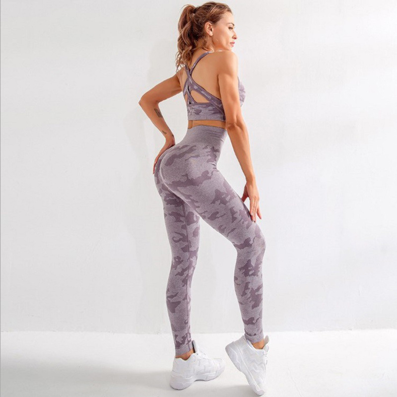 【 Customized Processing 】 Seamless camouflage printed yoga wear set for women's autumn and winter slimming and quick-drying fitness wear details Picture