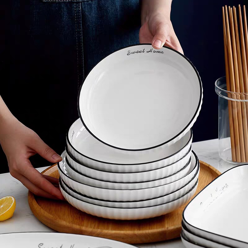 名流白典雅黑线日式碗碟套装家用吃饭碗创意个性饭碗陶瓷餐具详情图1