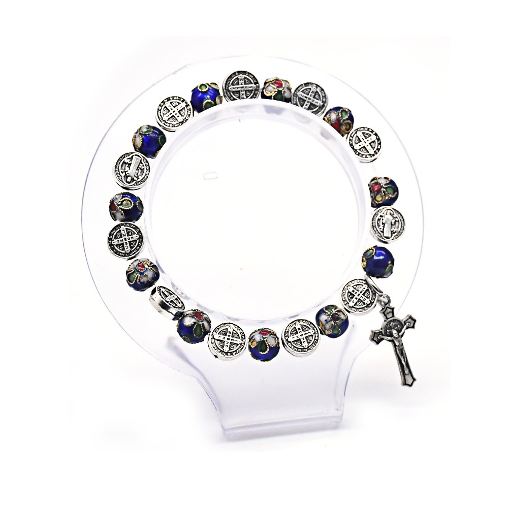 Saint Benedict bracelet, sapphire blue Cloisonne metal handcrafted bead string, cross jewelry bracelet Application Scenario