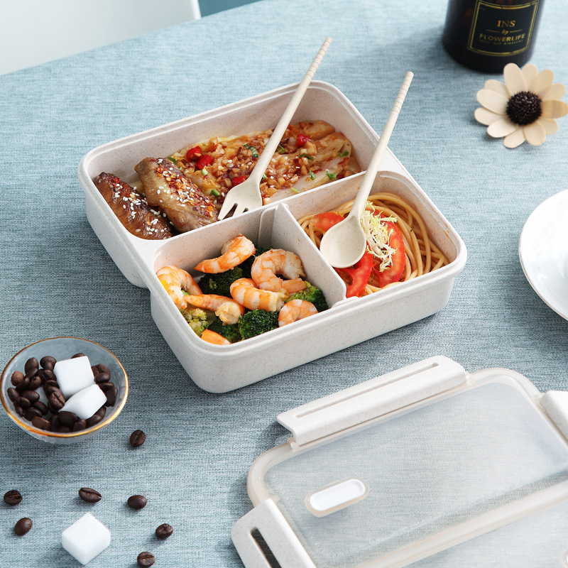 批发小麦秸秆学生饭盒 塑料可微波上班族午餐盒 韩式带勺叉快餐盒