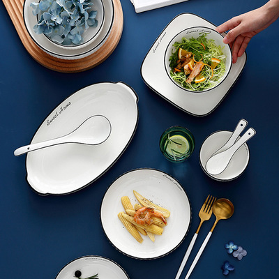 Nordic bowl and plate set, couple's home ceramic rice bowl, plate, vegetable plate, salad soup bowl, Japanese simple ins style details Picture