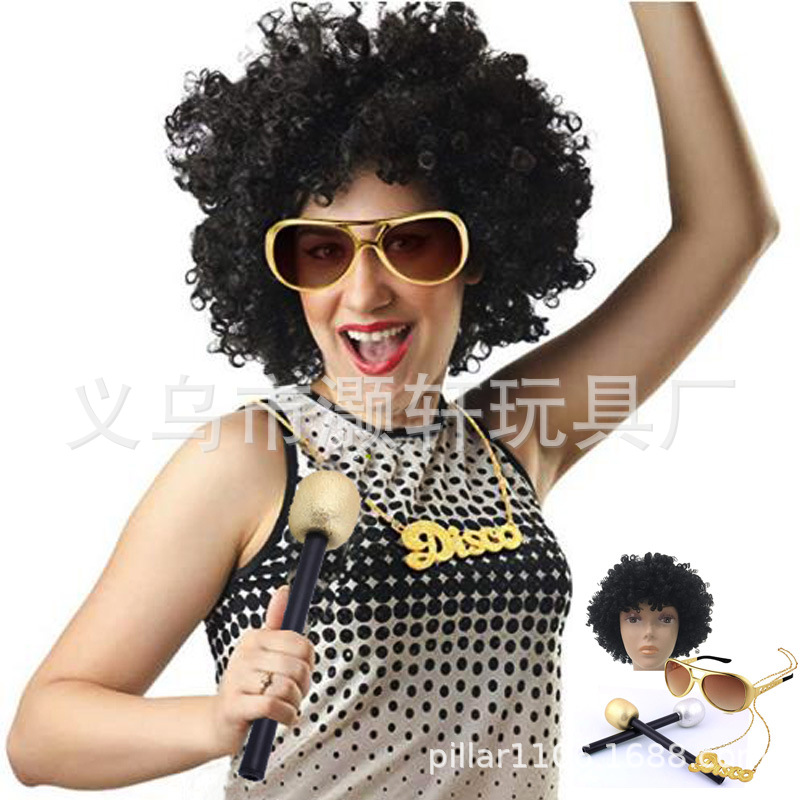 5060's Disco gold plated necklace Wig microphone Elvis Glasses set Cosplay holiday era dress up full figure