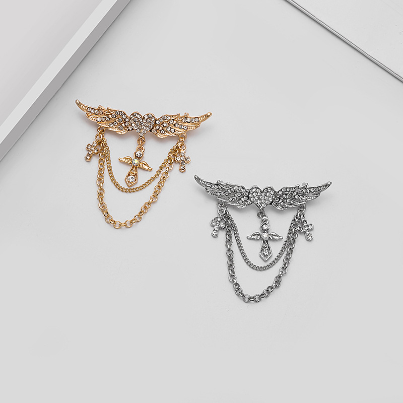 Europe and the United States cross-border new jewelry creative love wings Angel wings cross fringe brooch collar pin pin details Picture
