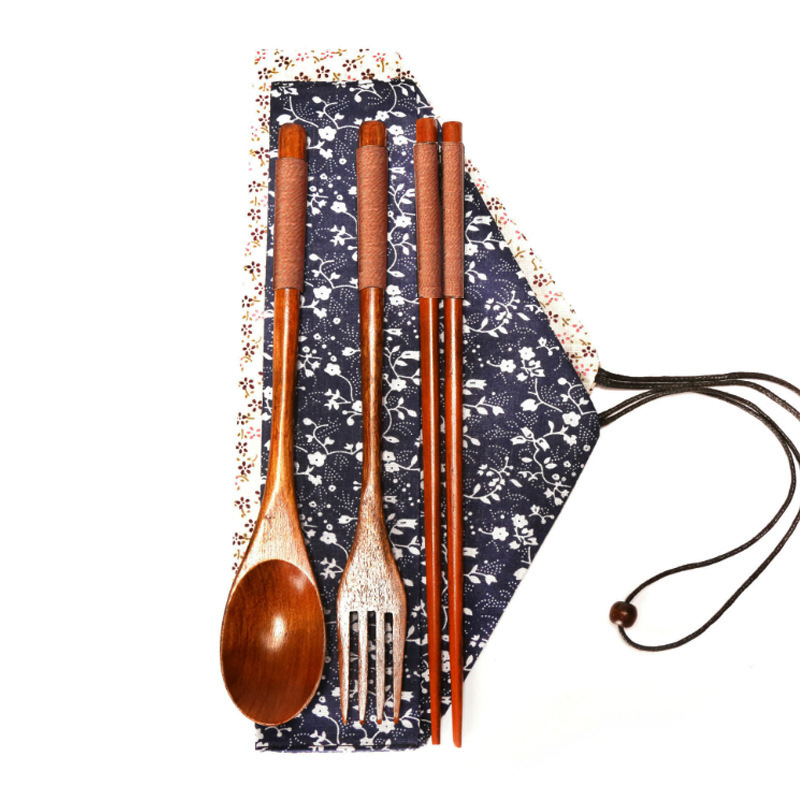 Dashin Japanese Wrapped Wooden Spoon Set Wooden Cloth Bag Chopsticks Spoon Fork Travel Portable Tableware Three-Piece Set details Picture
