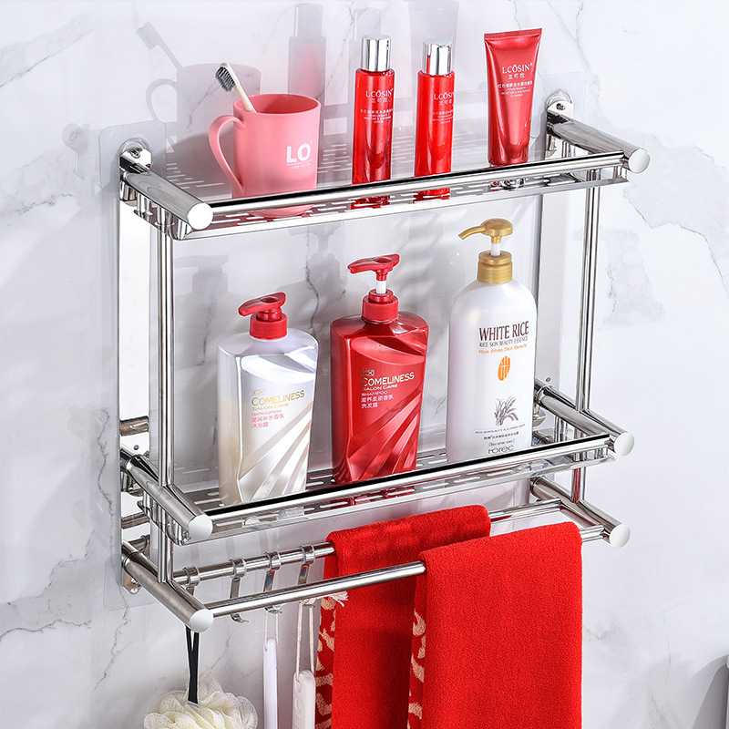 Factory direct sales of stainless steel bathroom storage racks, towel racks, bath towel racks, hotel storage racks, wall-mounted without drilling Application Scenario